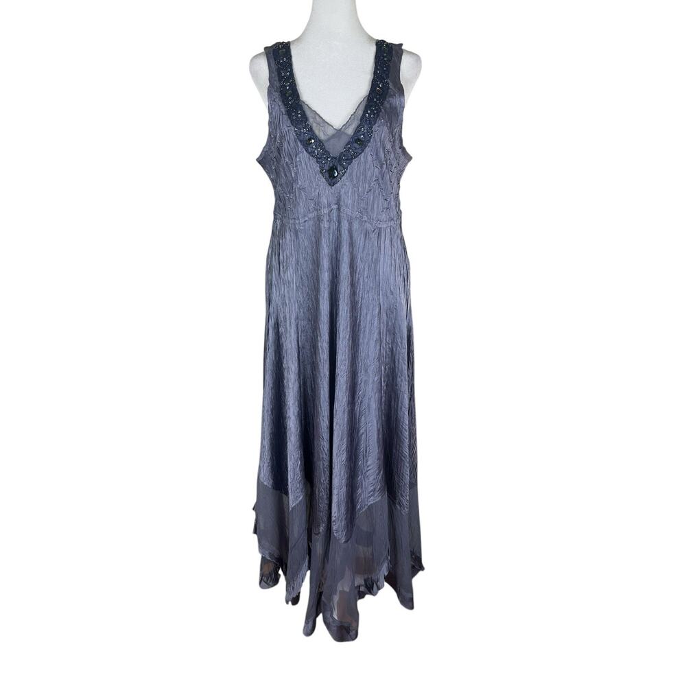 Komarov Accordion Pleated Sleeveless Beaded Midi Dress Romantic Draping Size XL